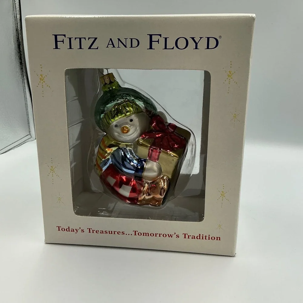 Fitz‎ and Floyd Glass Snowman Ornament Holding Present Christmas Tree Decor